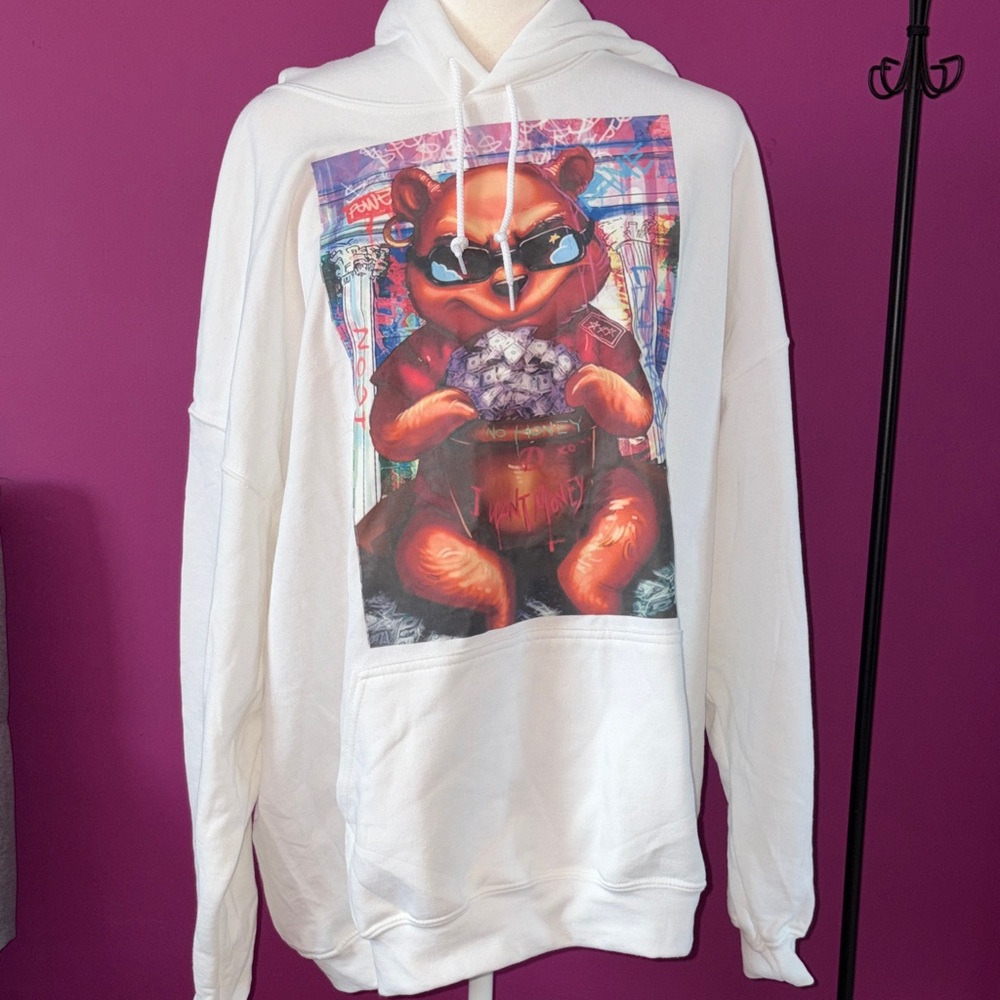 MENS Gildan White Hoodie with Graphic Bear Print - Picture 3 of 5